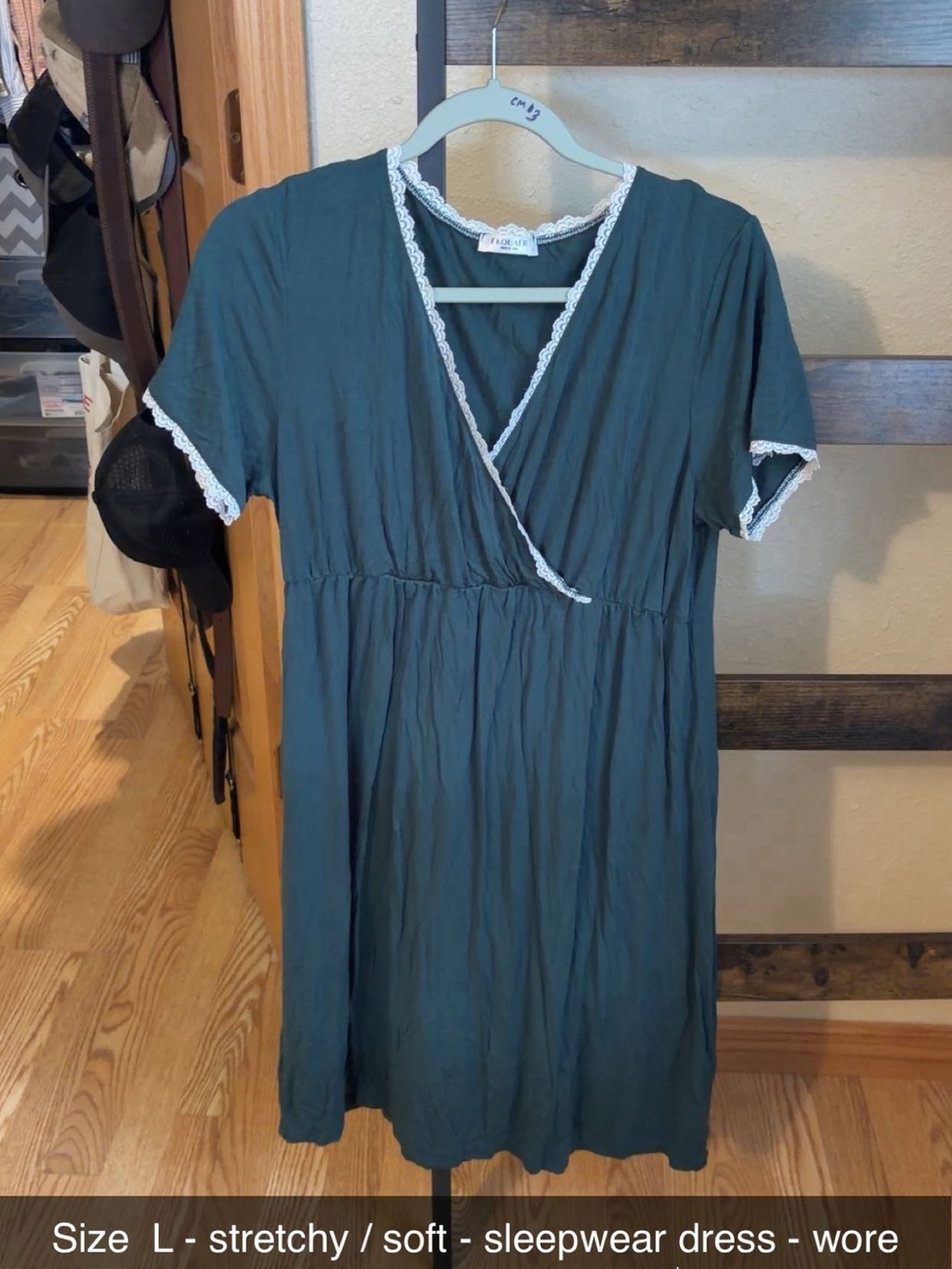 Dark Teal Short Sleeve Wrap Sleepwear Dress with Lace Trim maternity